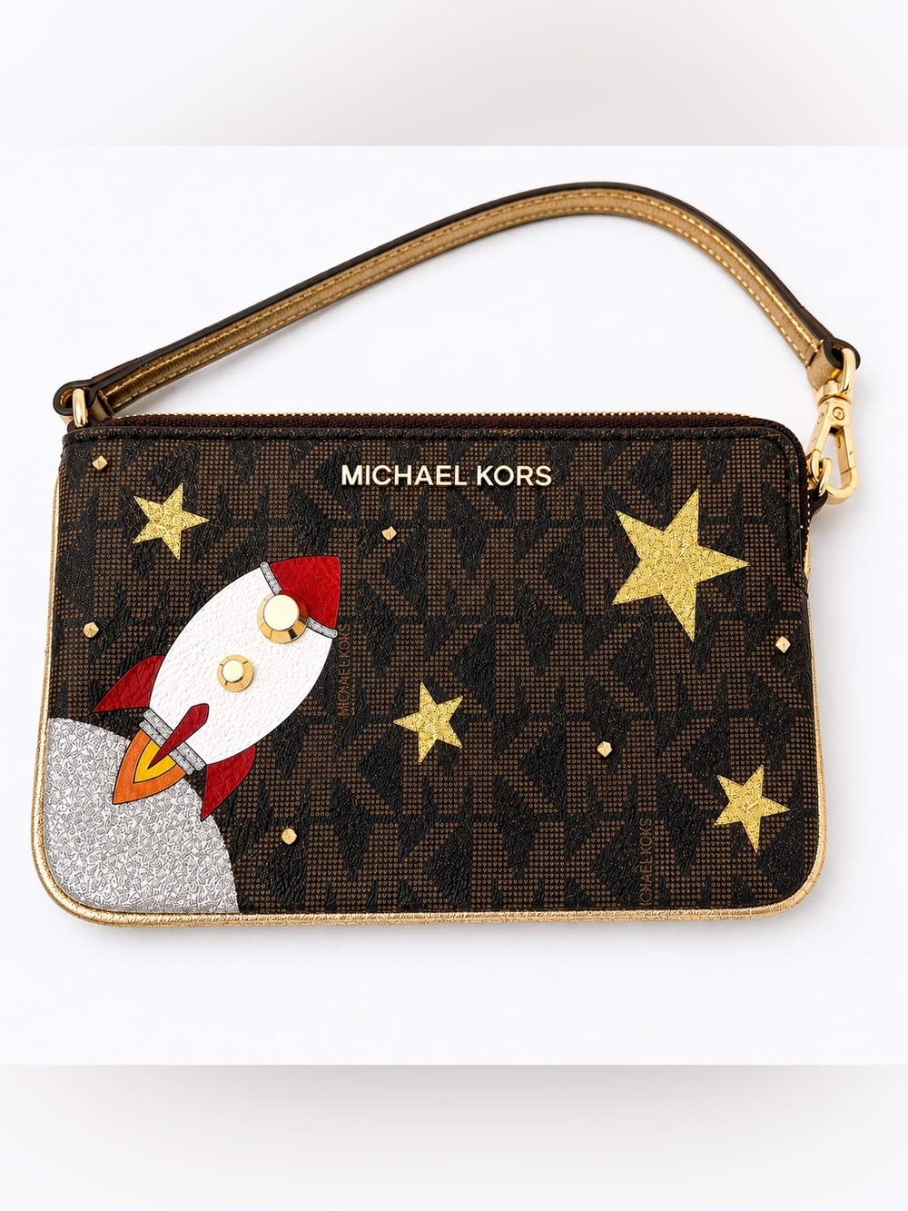 Michael Kors MK Signature Rocket Stars Wristlet Brown Gold Glitter